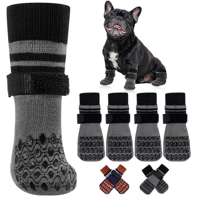 Kuoser Anti-Slip Dog Socks with Double-Sided Traction, 4 Pack Pet Booties for Senior, Dog Paw Protector for Hardwood Floors, Hot Pavement and hot/icy surfaces, Gray, L