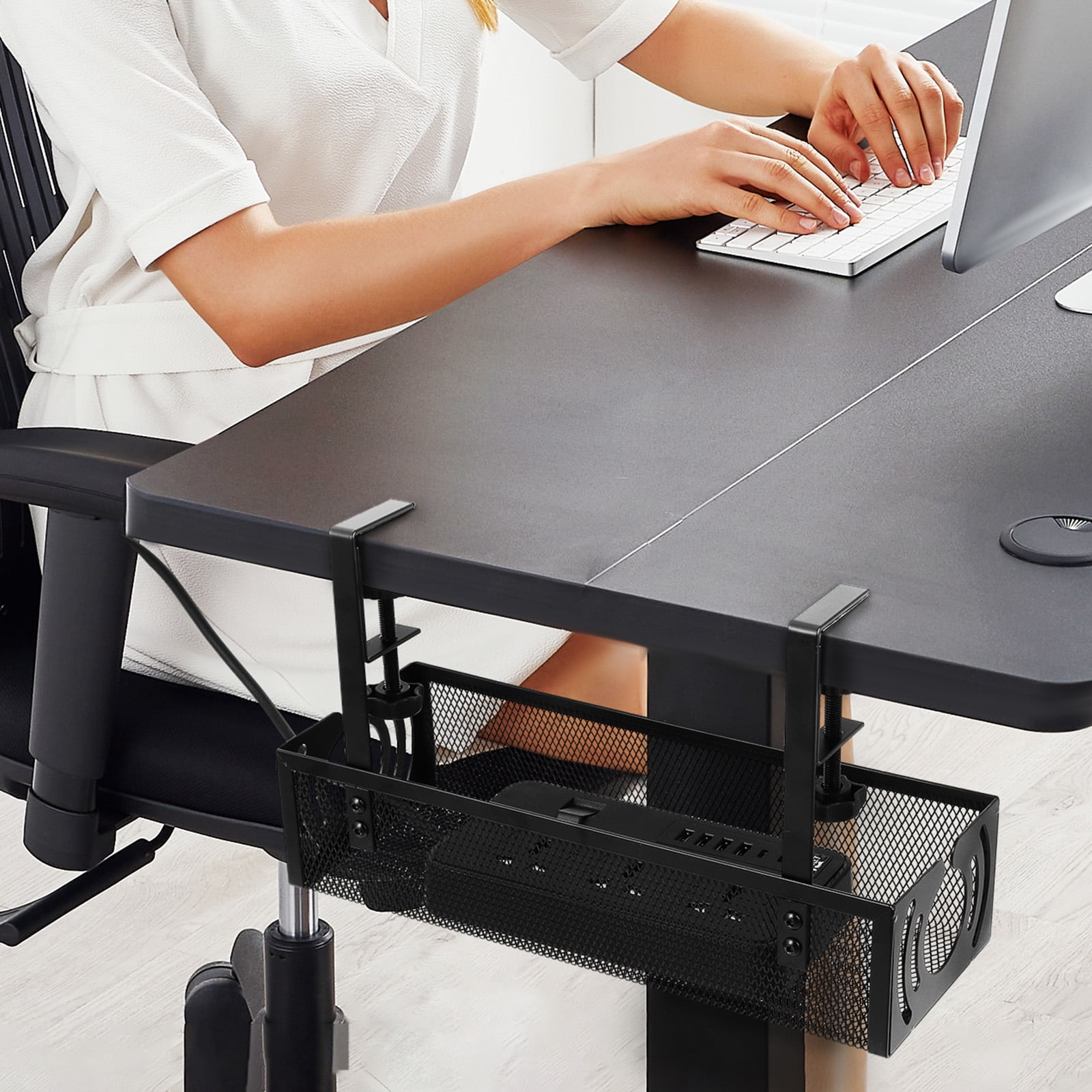 WEUVEB Black Clamp-On Under-Desk Cable Organizer Tray, No Drill Installation, Office Desk Wire Management Set