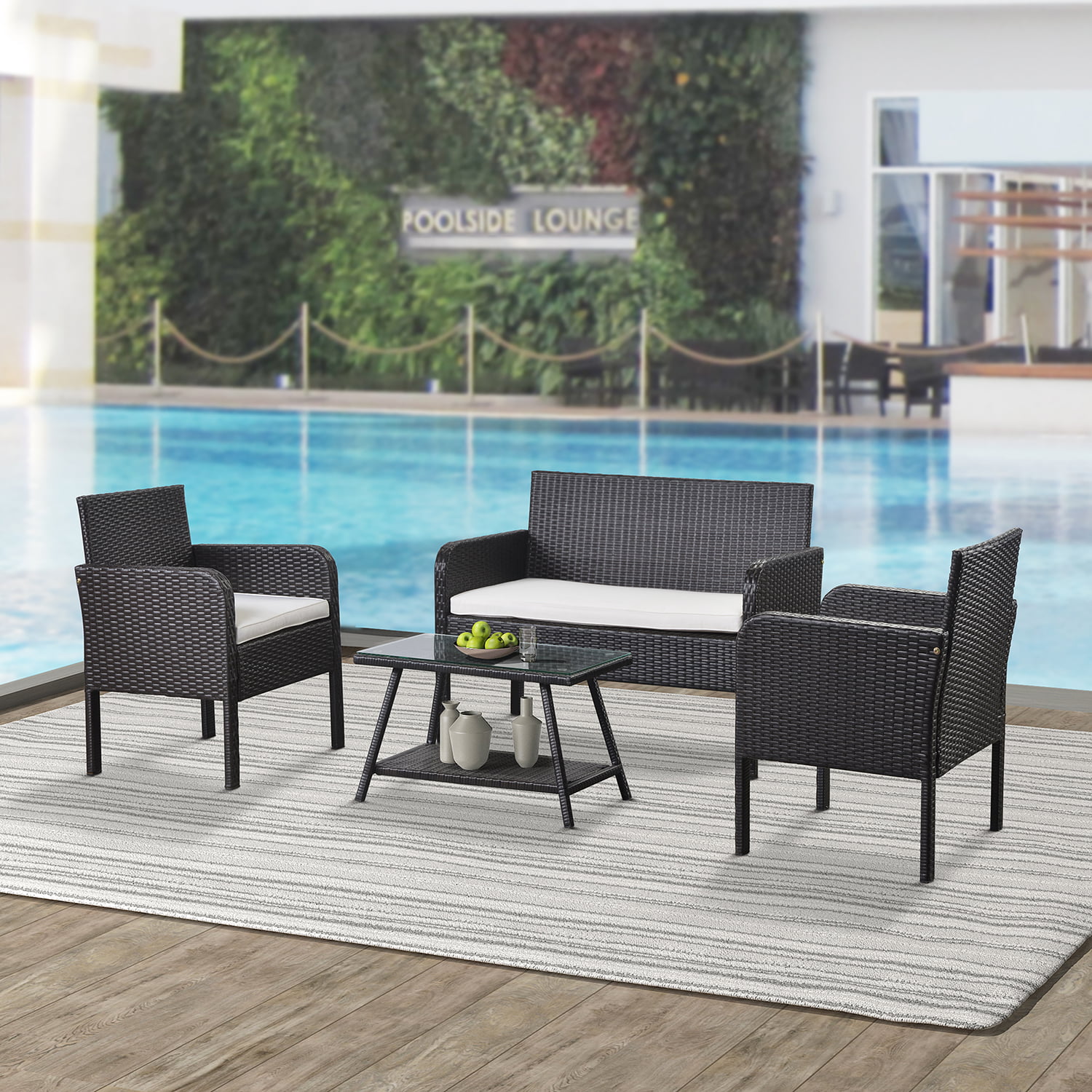 Outdoor Ratten Sofa U_Style 4 Piece Rattan Sofa Seating Group with Cushions 