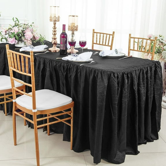 Wedding Linens Inc. 8' (96"x30") Rectangular Ruffled Fitted Crushed Crinkle Taffeta Tablecloth With Skirt - Black