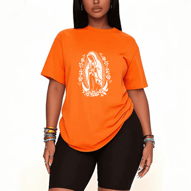 Womens 2 Piece Oversized Lounge Outfit Casual Summer Sets Mother of Jesus Graphic Virgin Mary Printed Crew Neck T-Shirt and Short Matching Clothing Set-Orange-XL