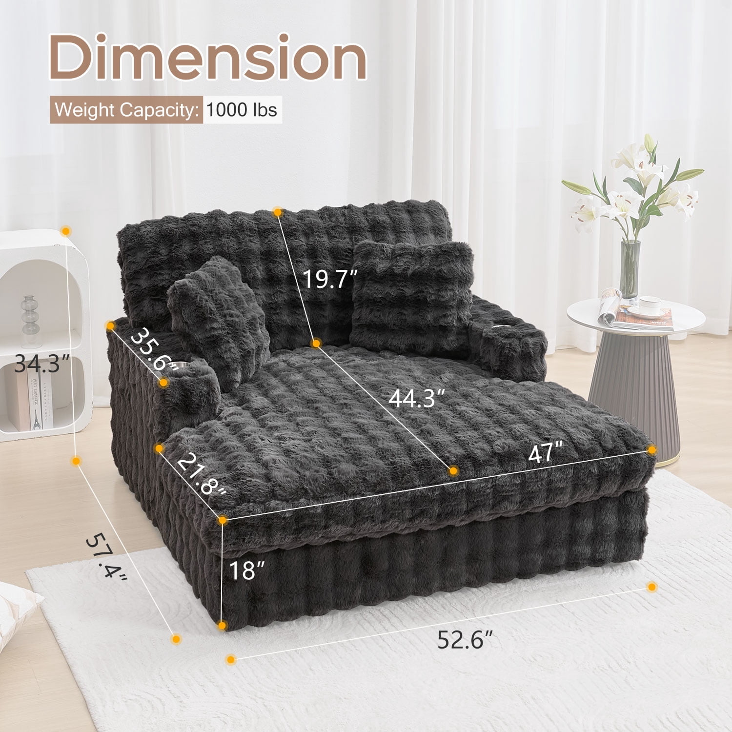 Faux Fur Oversized and Upholstered Chaise Lounge Loveseat Sleeper Sofa with Wood Frame and 2 Pillows, Gray