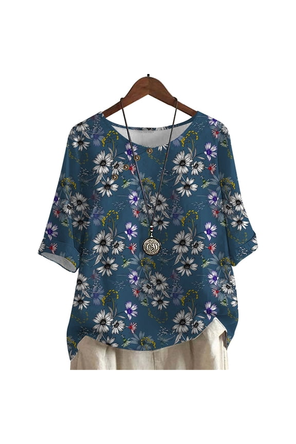 Mid Sleeve Women T-Shirt Retro Daisy Printing Casual Tops Plus Size Blouse