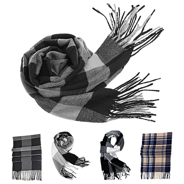 Trayknick Winter Scarf Windproof Breathable Soft Contrast Color Tassel Keep Warm Patchwork English Stylish Washable Men Muffler for Outdoor Light Grey