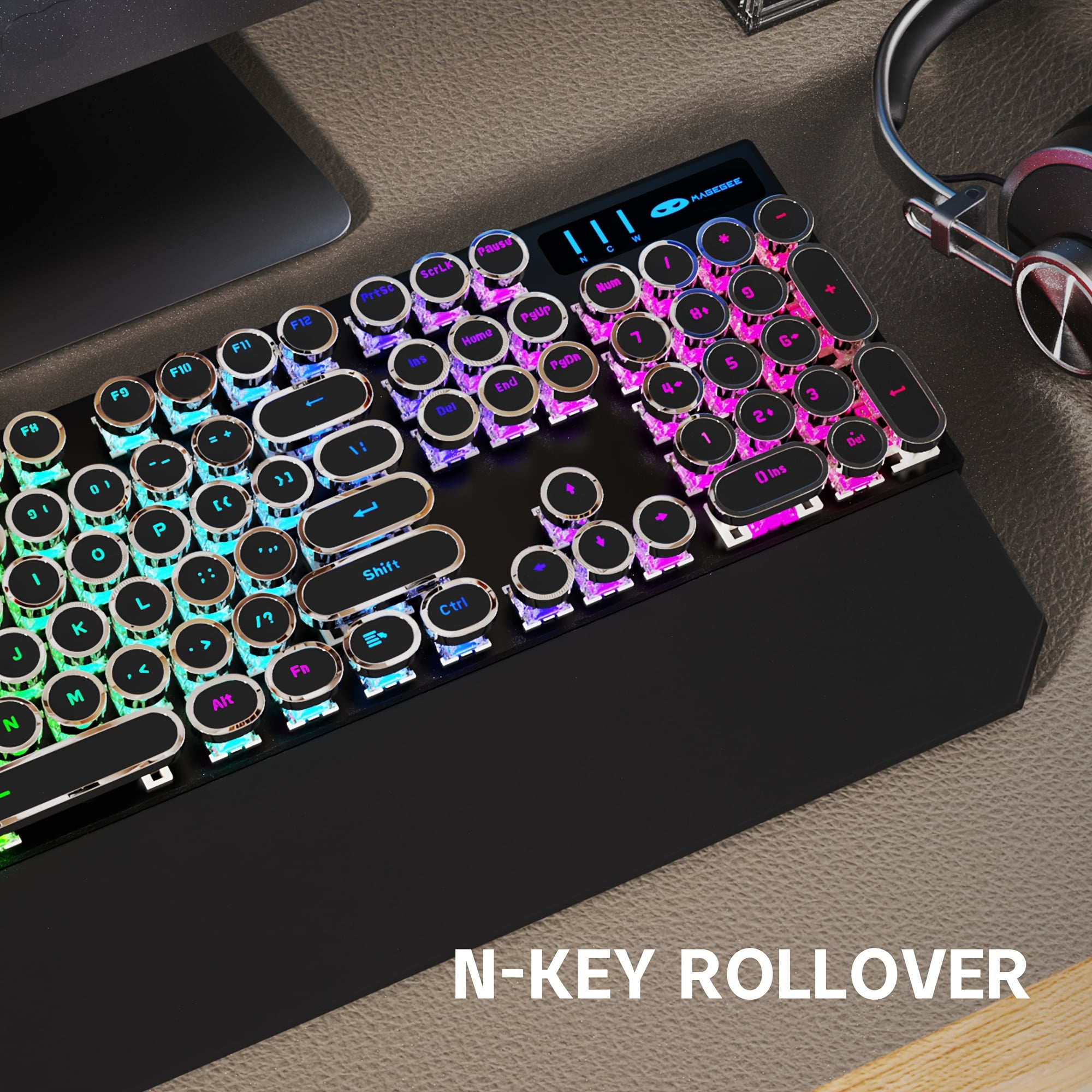 MageGee tri-mode BT5.0/2.4G/Type-C Typewriter Mechanical Gaming Keyboard Retro Punk Round Keycaps with RGB Rainbow Backlit Round key cap
