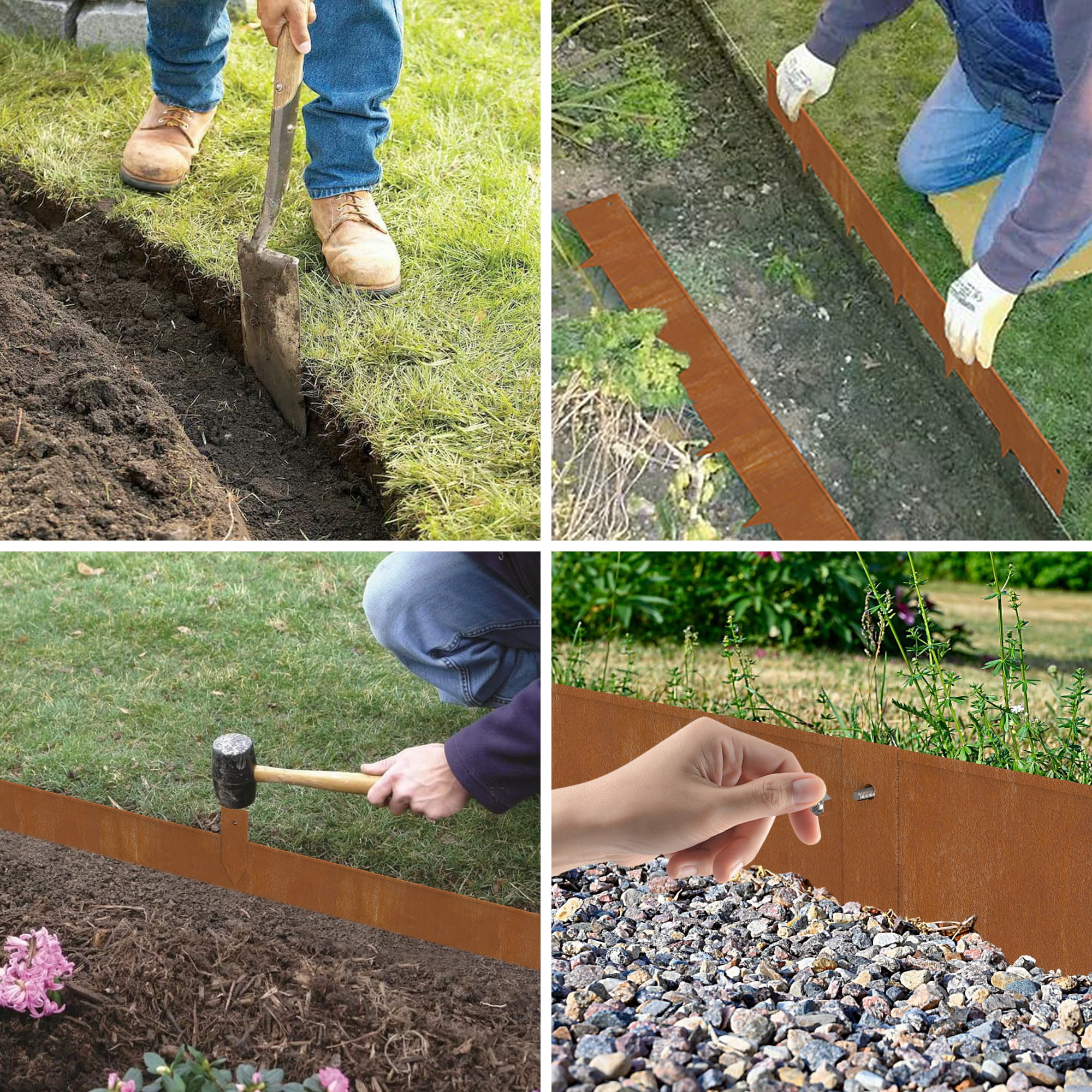 Rusty DIY Garden Edging for Landscaping Flower Bed Strips Corten Steel Metal Landscape Fence Borders Lawn Edge Divider Stakes Grass Plant Yard Outdoor Decorative No Dig Hammer-in, 6 Inches