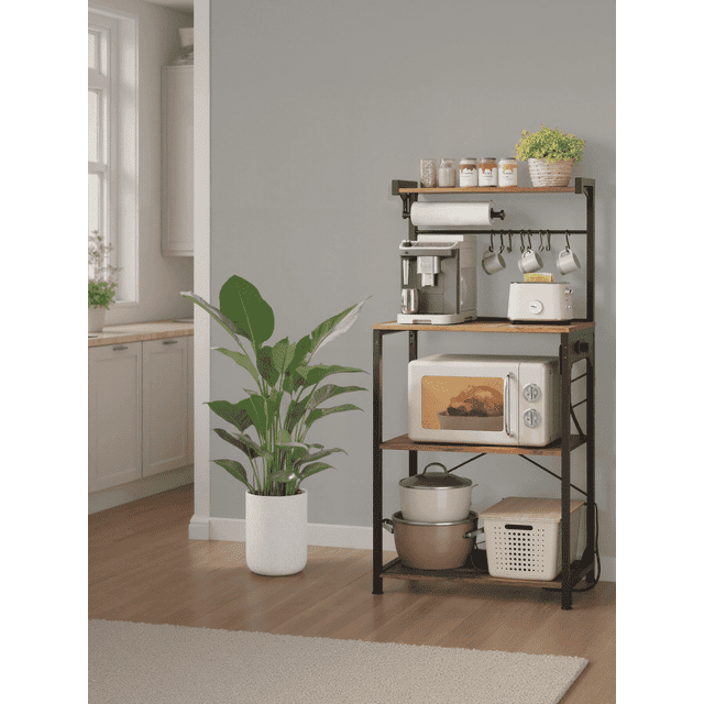 LEDREM 4-Tier Kitchen Bakers Rack with Power Outlet, Coffee Bar and Microwave Stand with Adjustable Shelf, Rustic Brown and Ink Black