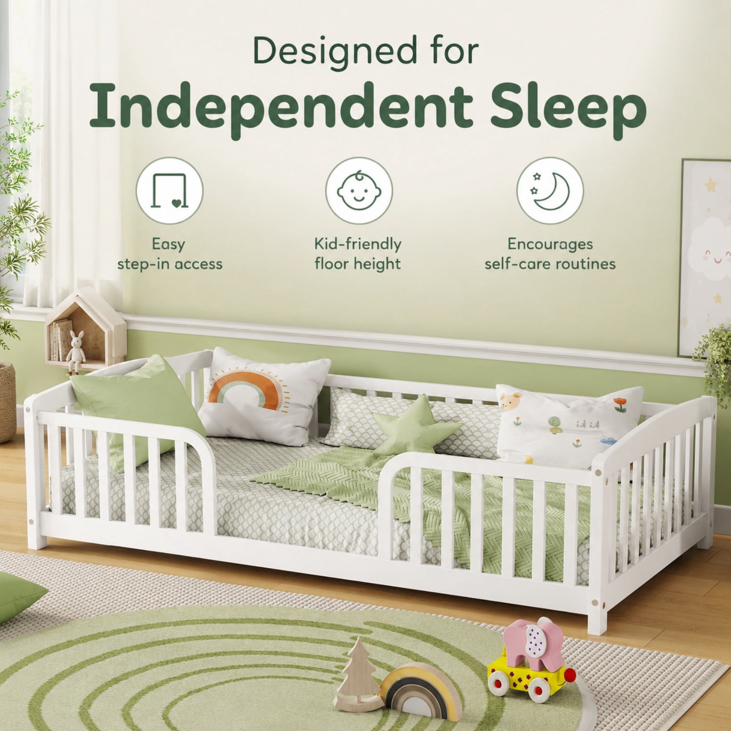 Miniyam Twin Kids Floor Bed with Guardrails, Pine Wood Montessori Bed Frame with Rounded Opening, White