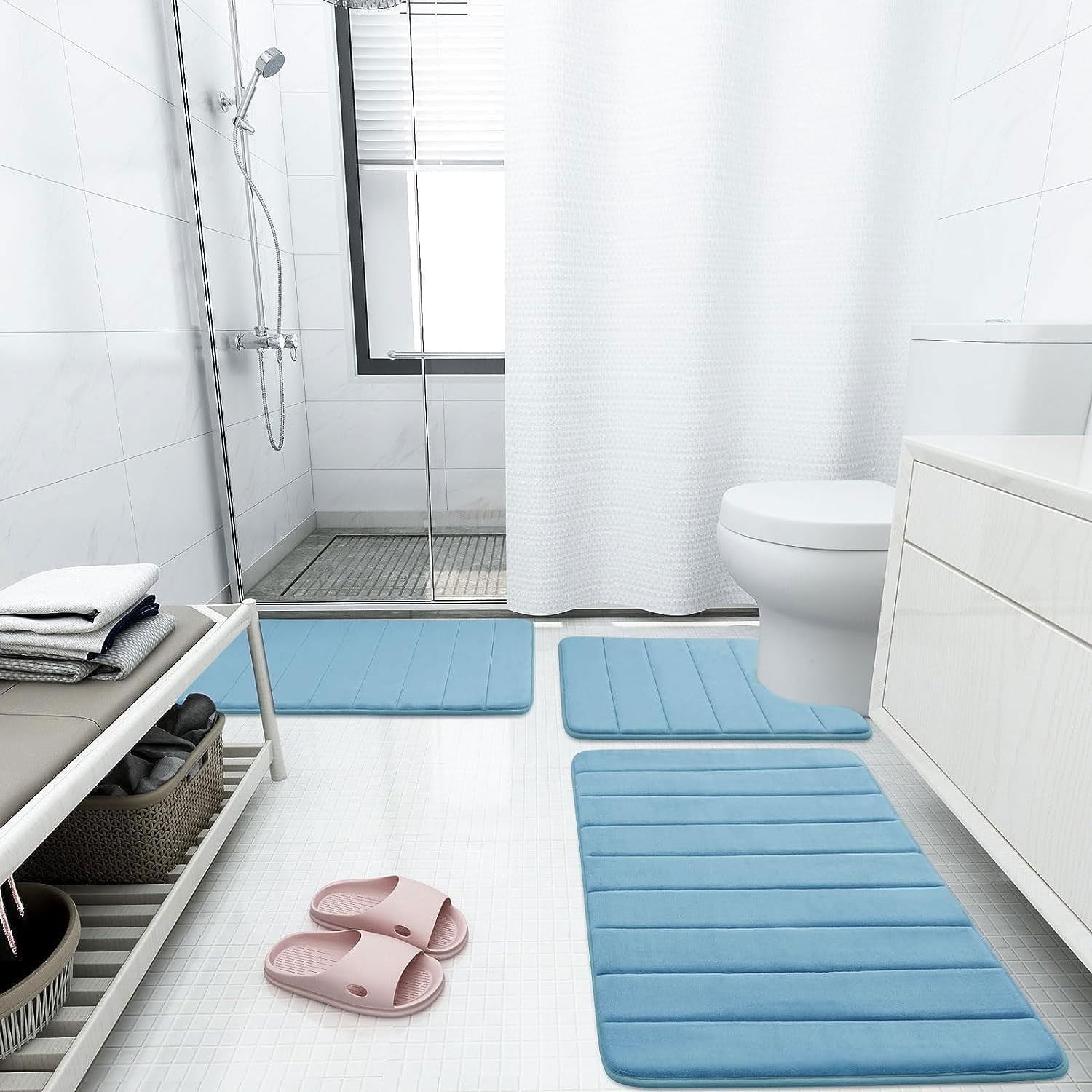Memory Foam Bath Mat Rug, 24" x 16", Ultra Soft and Non-Slip Bathroom Rugs, Water Absorbent and Machine Washable Bath Rug for Bathroom, Shower, and Tub, Blue