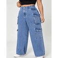 thumbnail image 3 of Plus Size Women High‑Waist Washed Vintage Cargo Jeans, Loose Wide‑Leg Multi‑Pocket Casual Denim Trousers, 3 of 6