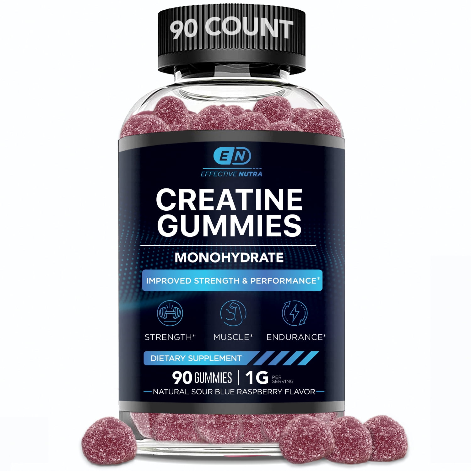 EFFECTIVE NUTRA Creatine Gummies for Men & Women - Creatine Gummies for Strength, Muscle, Endurance, Energy and Focus - Natural Sour Blue Raspberry Flavor (90ct)