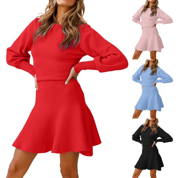 Hinvhai Women Long Lantern Sleeve Sweater Dress Fall Winter Cute Turtleneck Casual Cable Knit Pullover formal Dresses Red XL(XL)