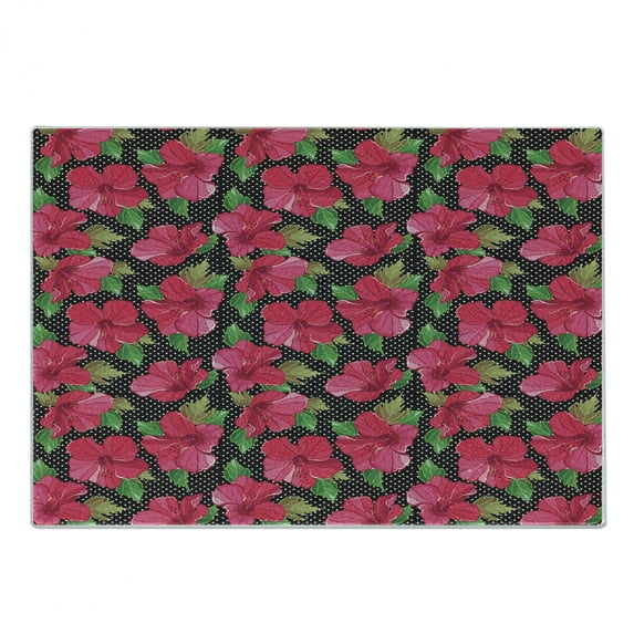 Hawaii Cutting Board, Polka Dotted Background Hand Drawn Flower Hibiscus Polynesian Flora, Decorative Tempered Glass Cutting and Serving Board, Small Size, Magenta Fern Green Black, by Ambesonne