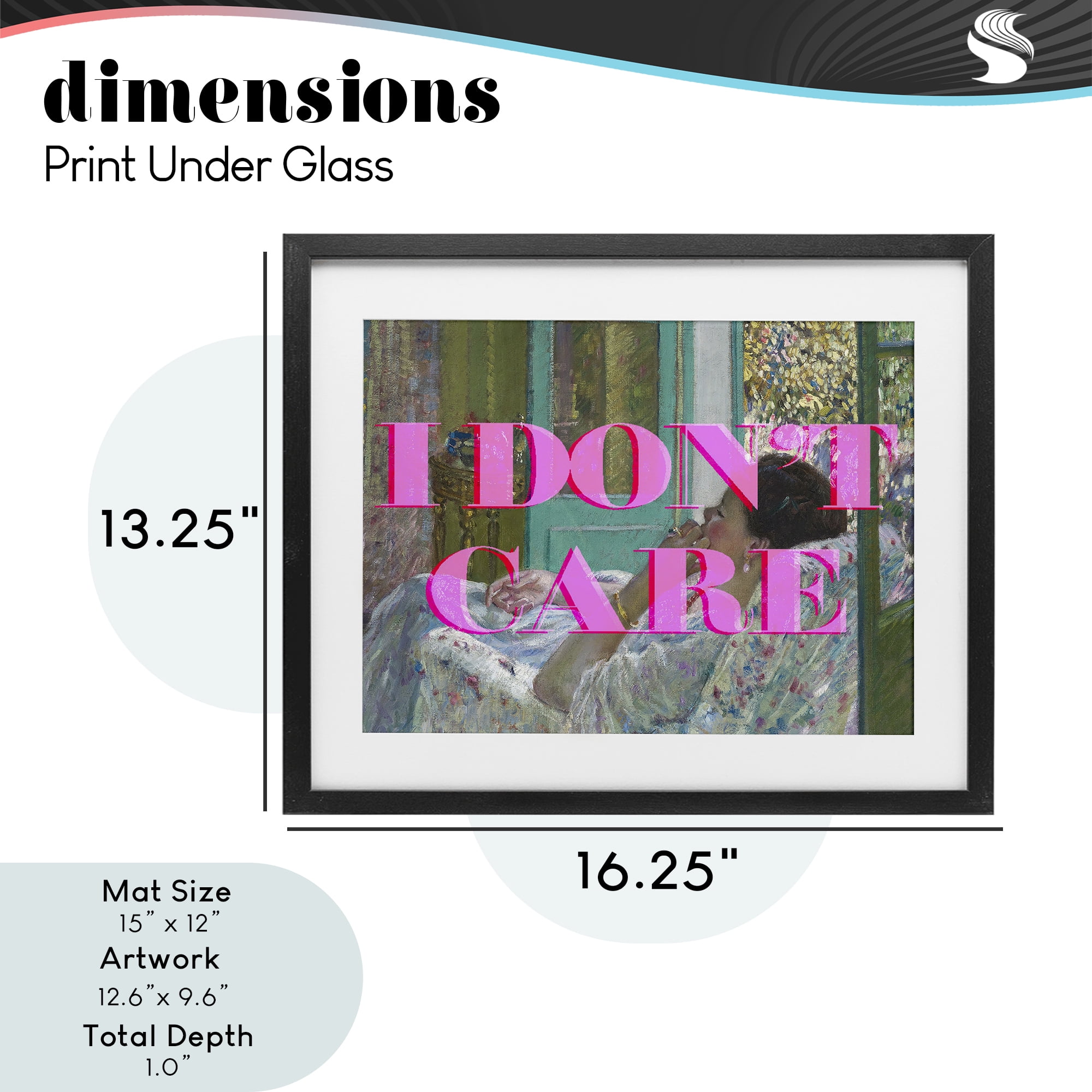 I Don't Care over Classic Painting Black Framed Print Under Glass, design by Lil' Rue