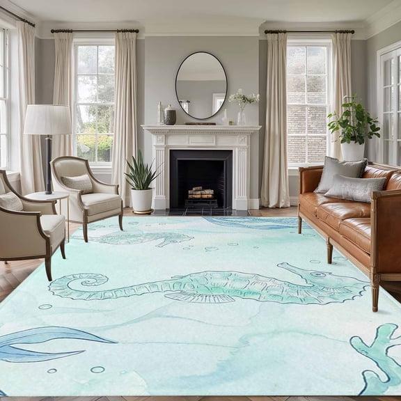 Large Area Rugs for Living Room Bedroom, Teal Blue Seahorse Coastal 6'x9' Rug Washable Carpet Runner Indoor Outdoor, Beach Watercolor Sea Ocean Nautical Non Slip Floor Mats Rug for Kitchen, Playroom