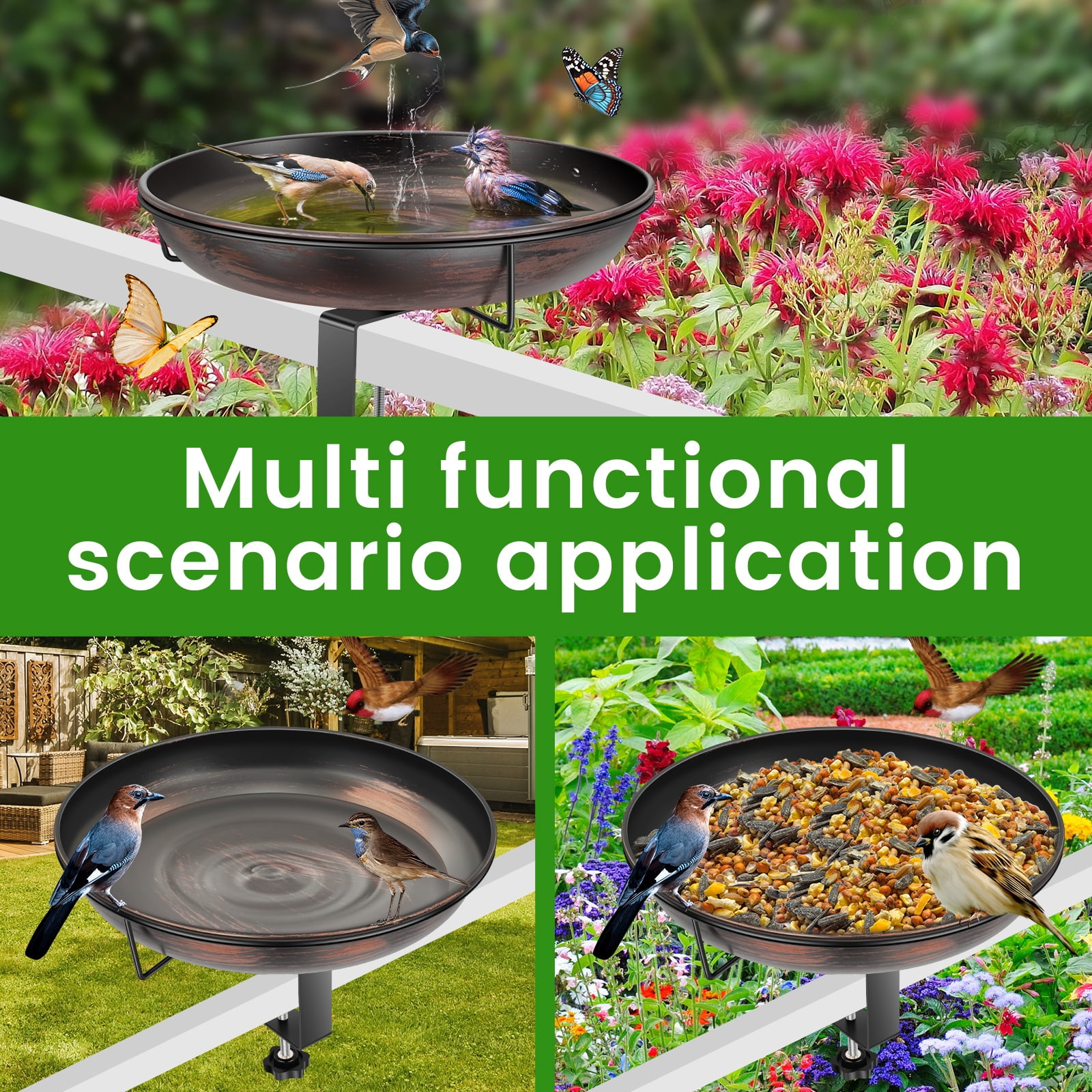 Threns Deck Mounted Bird Bath Bowl,12" Balcony Railing Birdbaths,Metal Birdbath for Outside with Sturdy Adjustable Clamp for Fence Outdoor Decor