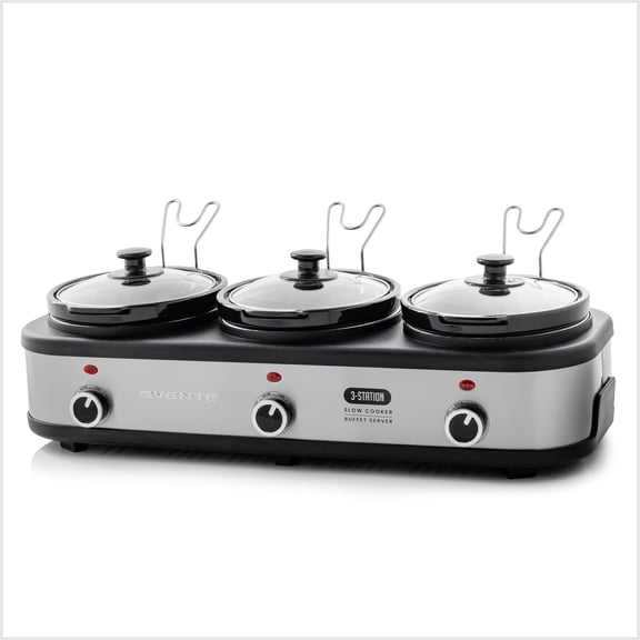 Ovente Stainless Steel Triple Slow Cooker Buffet Server with Glass Lid & Temperature Control, 3 Section Station Portable 4.5 QT Ceramic Pot Food Warmer Easy Clean for Holiday Dinner, Silver SLO315CBR