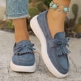 thumbnail image 2 of Womens Platform Loafers Slip-On Shoes, Faux Suede Velvet Navy Blue with Bow & Fringe Detail, Comfort Casual Walking Flats,Size 7.5, 2 of 9