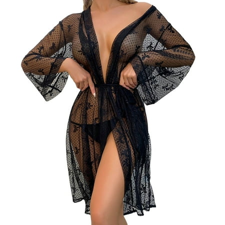 Midwennn Women Fashion Sexy Robe Lingerie Nightgown Bathrobe Sleepwear Feather Bridal Robe Lace Lingerie Lingerie Kimono