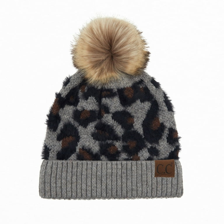 Leopard Beanie with Plush Pom, Super Soft Knit Hat Beanie for