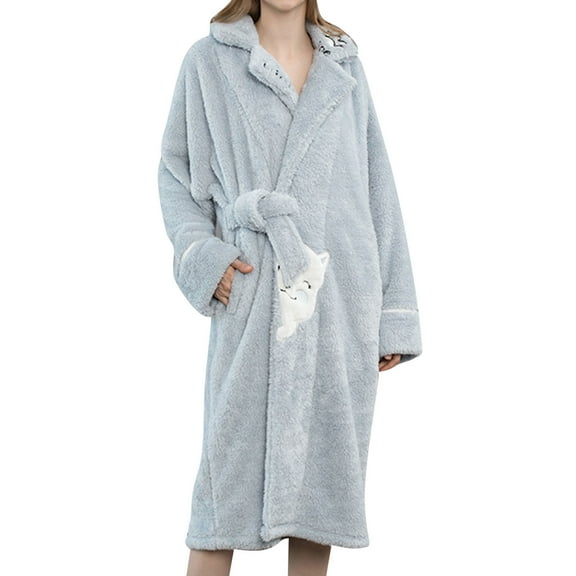 Manxivoo Robes for Women, Women Bathrobe Short Robe Long Sleeve Robe Attached Belt Soft Sleepwear Ladies Loungewear Women's Sleepwear Blue XXL