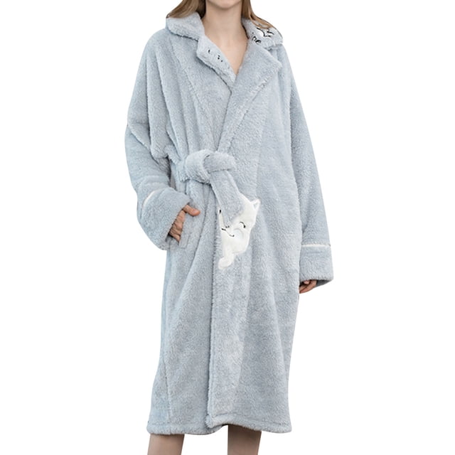 WZXFASHION Women Fleece Bathrobe Plush Short Robe Long Sleeve Robe Attached Belt Soft Sleepwear Ladies Loungewear WomenRobes Blue XXL