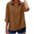 thumbnail image 2 of IMENGL Long Sleeve Shirts for Women Soft Linen 2026 Loose Fit V Neck Button Down Cute Solid Summer Beach T-Shirt Casual Women's Basic Tee Long Sleeve Tops,Brown, 2 of 8