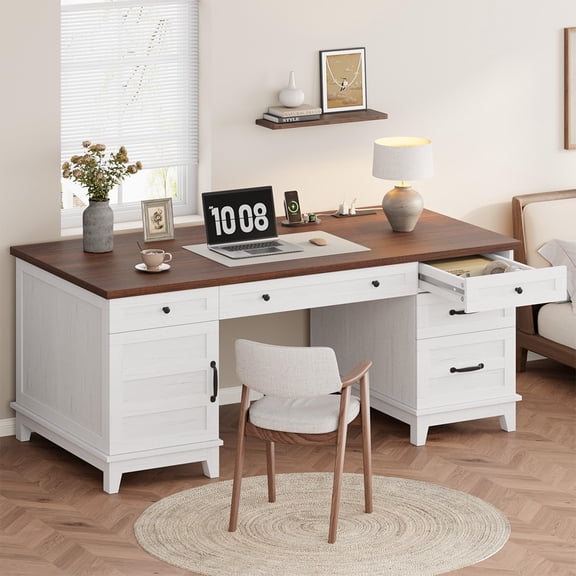 60" Farmhouse Wood Desk with Drawers, Executive Desk with Adjustable File Cabinet, Home Office Desk with Power Outlets, Distressed Writing Desk for Work and Study, White
