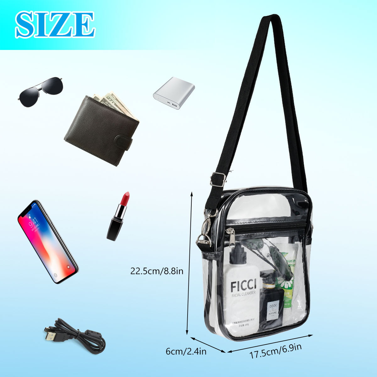 Elbourn Clear Crossbody Purse Bag 1Pc, Stadium Approved Transparent  Shoulder Bag,See Through Gym Zippered Tote Bag with Adjustable
