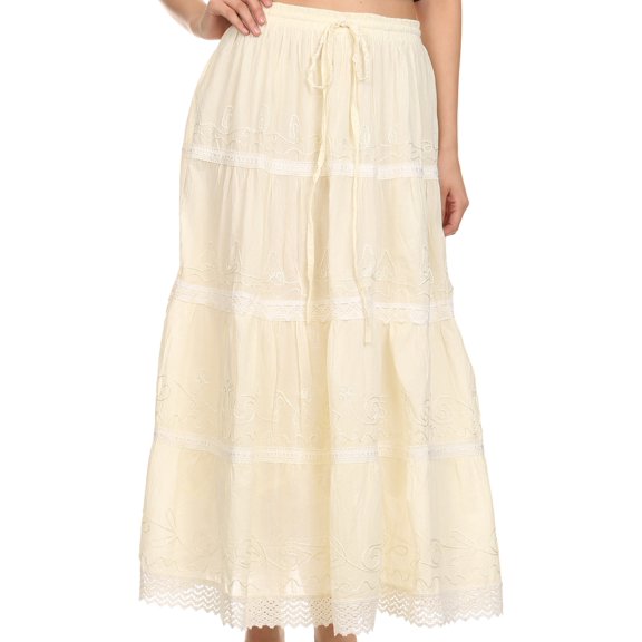Sakkas Solid Embroidered Crochet Lace Trim Gypsy Bohemian Mid Length Cotton Skirt - Ivory - One Size