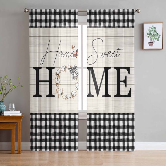 Farmhouse Home Sheer Curtains 63 Inch Length 2 Panels Set for Living Room/Bedroom, Black Plaid Vintage Wood Grain Butterfly Curtain Sheers Drapes Rod Pocket Curtains Window Treatment Set 52''x63''x2