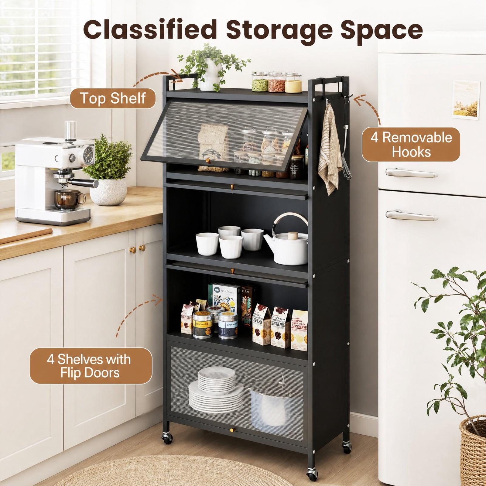 Furnibear 5 Tier Kitchen Storage Cabinet with 4 Flip Up Doors Rolling Wheels and Hooks Tall Metal Pantry for Kitchen and Garage, Black