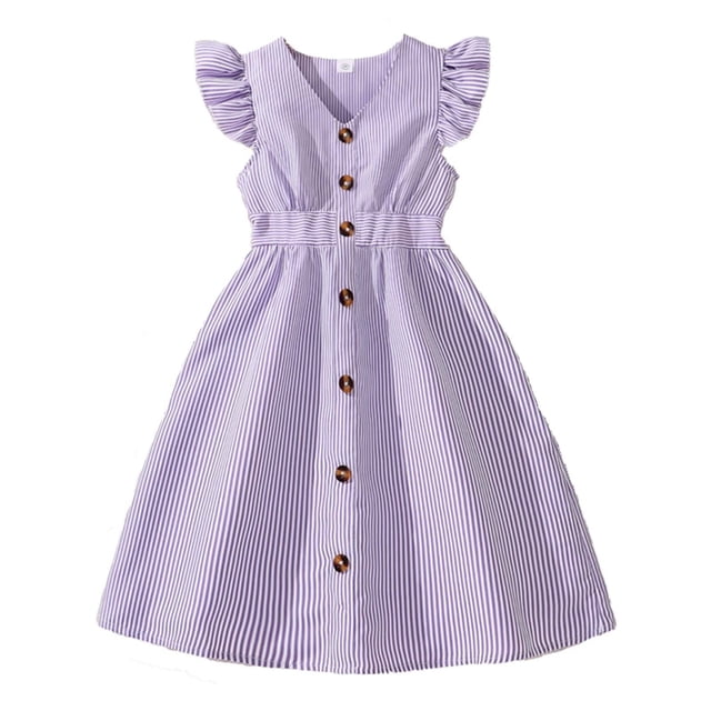 DXOUPM Robes pour Filles Robe à Manches à Volants Boutonnée Été Vêtements Mignons Polyvalents Tenue Quotidienne