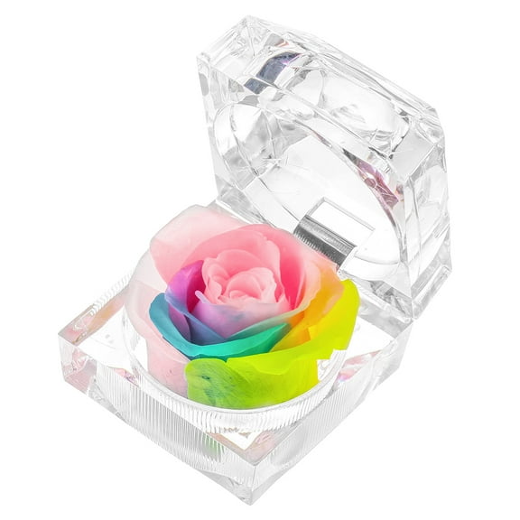 Enchante Preserved Forever Rose Acrylic Ring Box, Wedding Anniversary Birthday Valentine's Day Mother's Day Gift Eternity Flower, Rainbow
