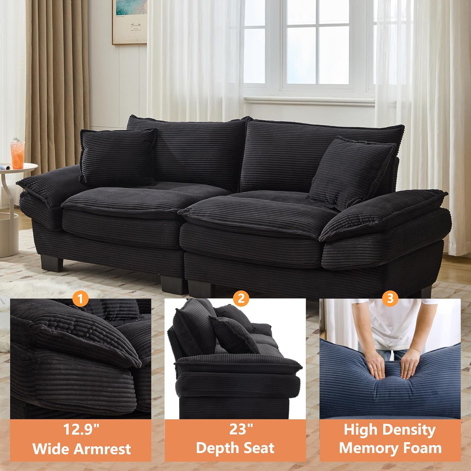 AENKYO 84" Corduroy Loveseat Sofa with Pillows, Modern 2-Seater Couch for Living Room,Black