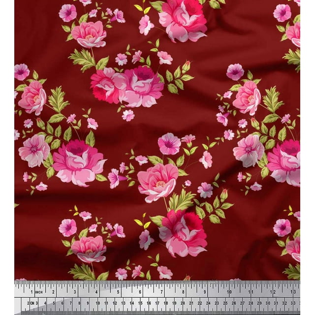 Soimoi Polyester Crepe Fabric Leaves,Rose & Peony Floral Decor Fabric Printed Yard 42 Inch Wide