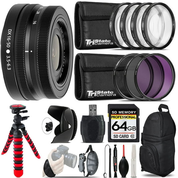 Nikon NIKKOR Z DX 16-50mm f/3.5-6.3 VR Lens (Black)   Macro Filter Kit & More - 64GB Accessory Kit (International Version)