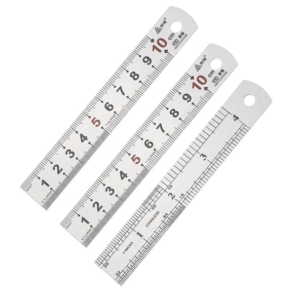 Uxcell 10cm/4" Metal Straight Ruler, 3Pcs Stainless Steel Ruler Etching Process Inch Millimeter Graduations for Measuring Engineer Construction