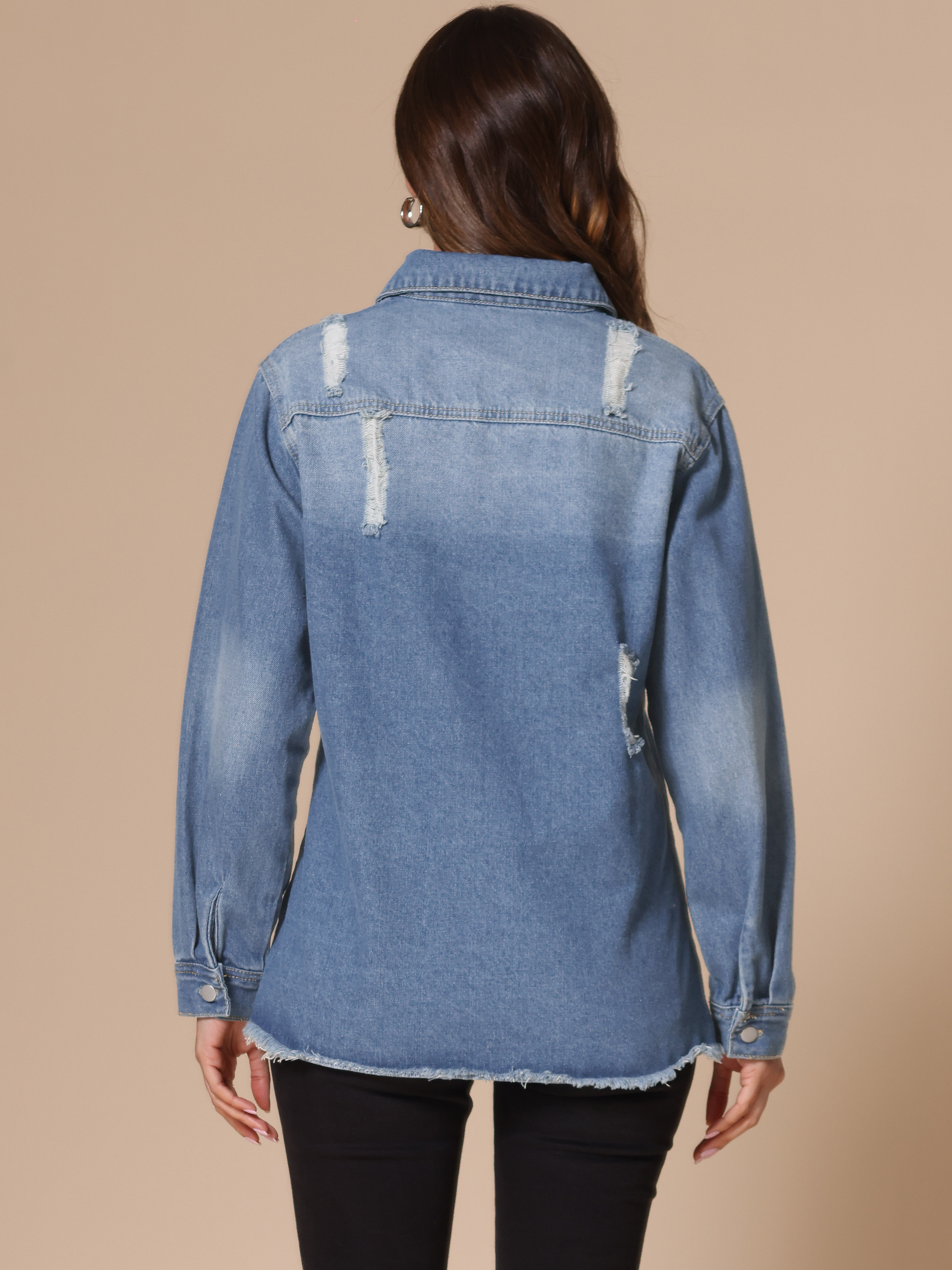 DARING DIVA Women's Frayed Hem Ripped Distressed Denim Jacket L Blue