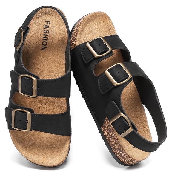 Lcamaw Sandals For Women With Soft Cork Footbed, Mens Slip On Clog Mules With Adjustable Double Buckle, Open Toe Flat Slide Shoes, Summer Outdoor Back Strap Slipper