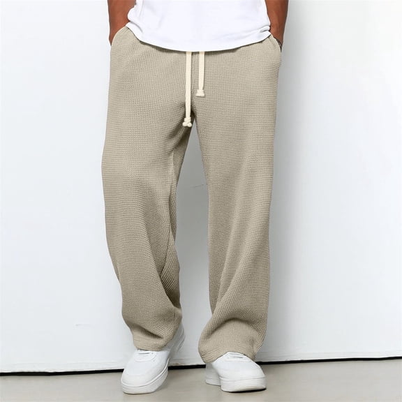 Men Waffle Knit Pants Drawstring Elastic Waist Casual Lounge Trousers Breathable Lightweight Sweatpants with Pockets Solid Color Comfort Fit Year Round Wear