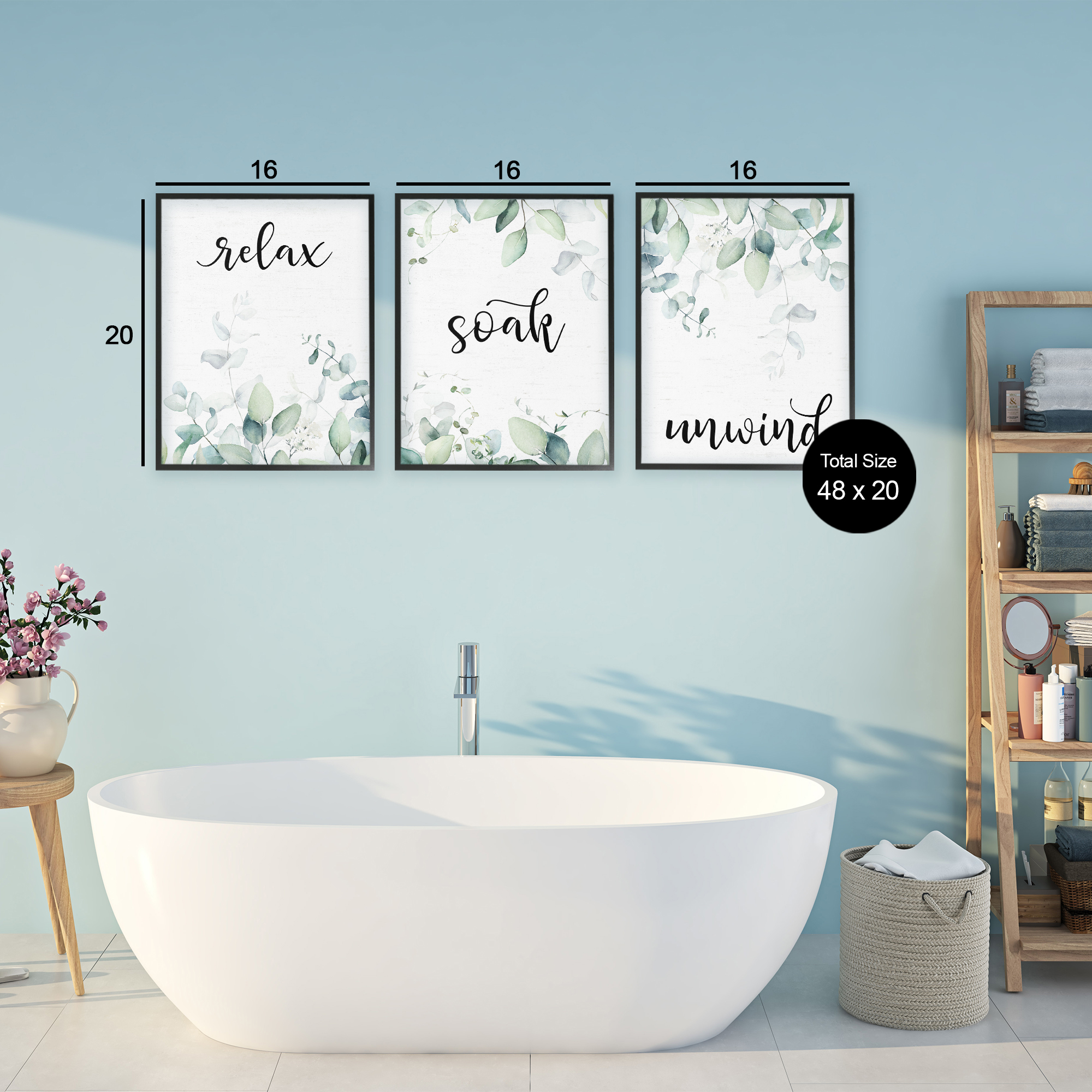 Leafy Bathroom Herbs 3 Piece Black Framed Giclee Art Set, design by Lettered and Lined
