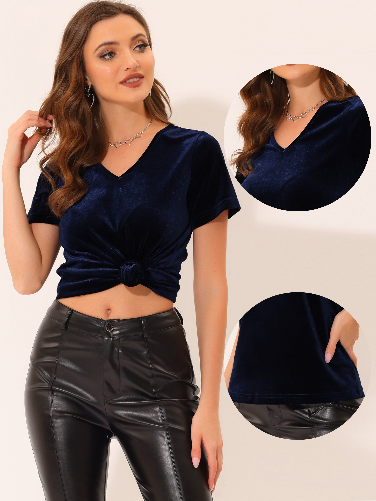 DARING DIVA Women's Velvet Top Short Sleeve Casual T-Shirt M Dark Blue