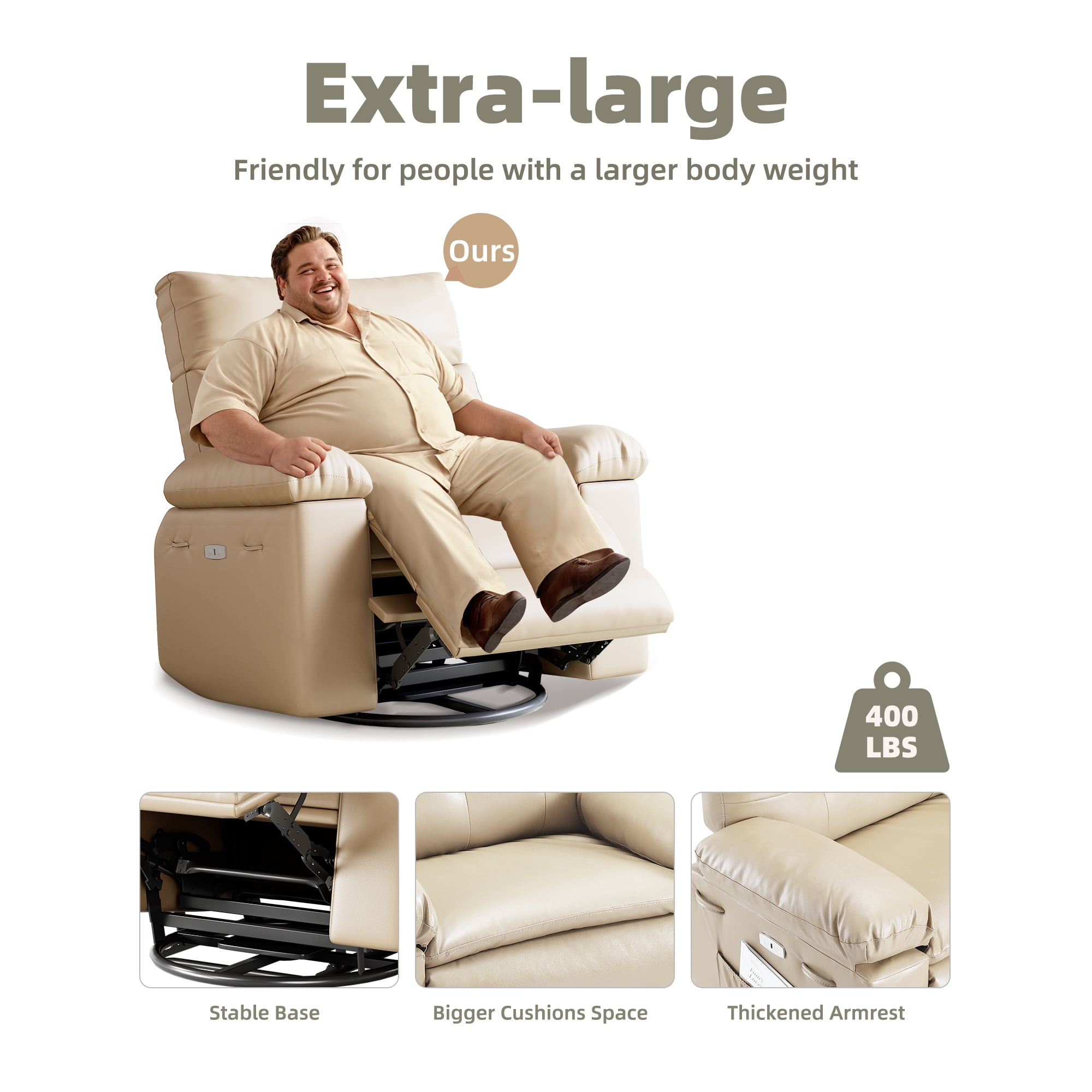 Shininglove Oversized Swivel Rocker Recliner Chair - Extra Wide PU Leather Manual Recliner with Thick Cushioning, 360° Rotation & 30° Rocking, Supports 400 lbs, for Living Room, Bedroom