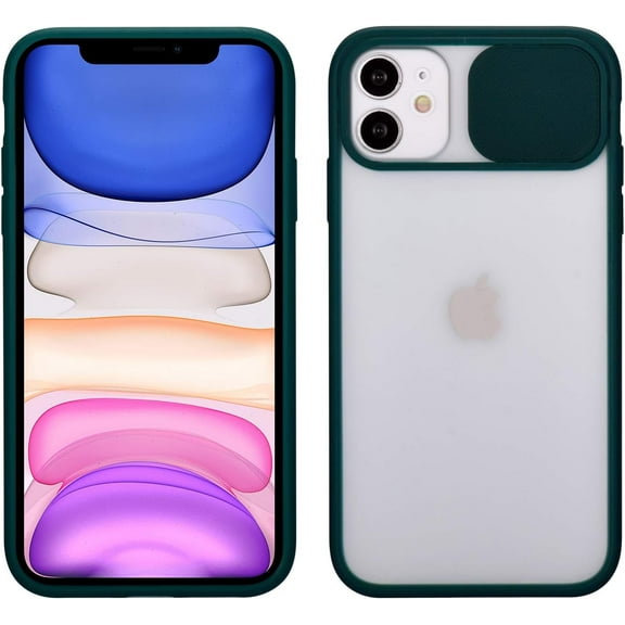 Case for iPhone 11 6.1 inch, Sliding Camera Lens Protector Case Soft TPU Bumper Case Translucent Frosted Matte Hard PC Back Cover Stylish Shockproof Protective Case for iPhone 11 - Dark Green