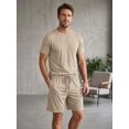 thumbnail image 5 of Men Solid Crew Neck Short Sleeve Tee & Drawstring Pocket Shorts 2 Piece Casual Summer Tracksuit Khaki 4XL, 5 of 7