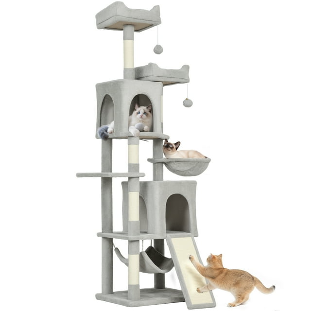 PawHut Arbre à Chat de 70 Pouces, Tour à Chat à Plusieurs Niveaux avec 2 Condos, Gris Pâle