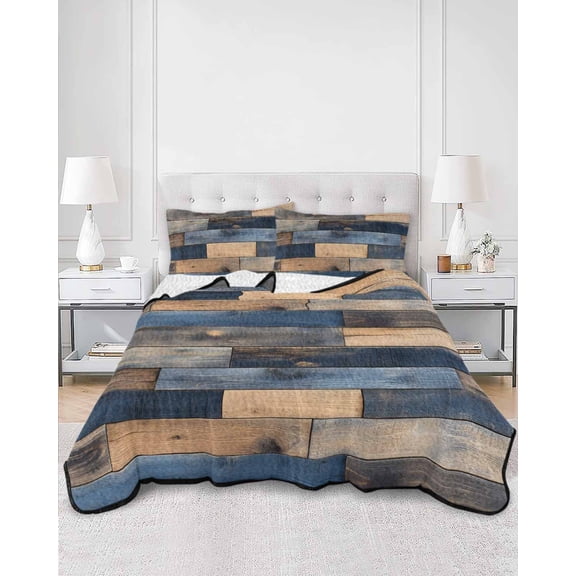 Quilts Twin XL Size, Navy Blue Brown Wood Soft Comforter Bedding Set for Bed, Farmhouse Vintage Wooden Lightweight Quilted Bedspread with Pillow Cover(2 Pieces) for All Season, 68x98 Inch
