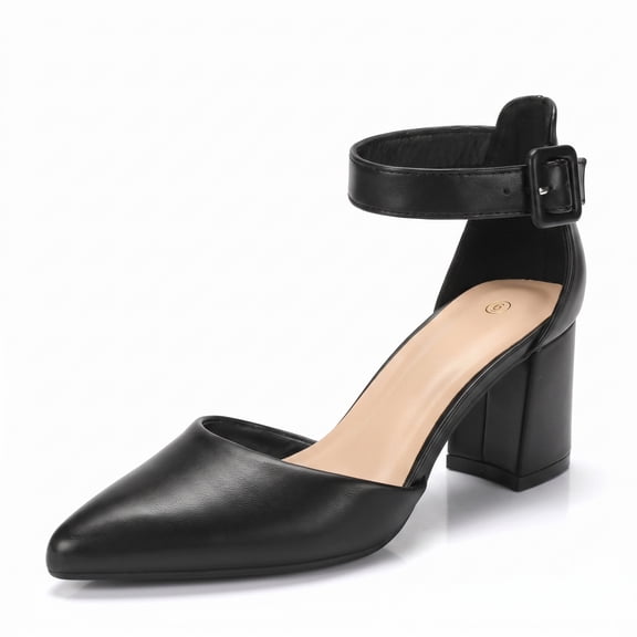 LuckLilac Women's Pointed Toe Pumps Block Heel Ankle Strap Adjustable Buckle Heels sandals Dress Shoes for Casual Party Daily Wear