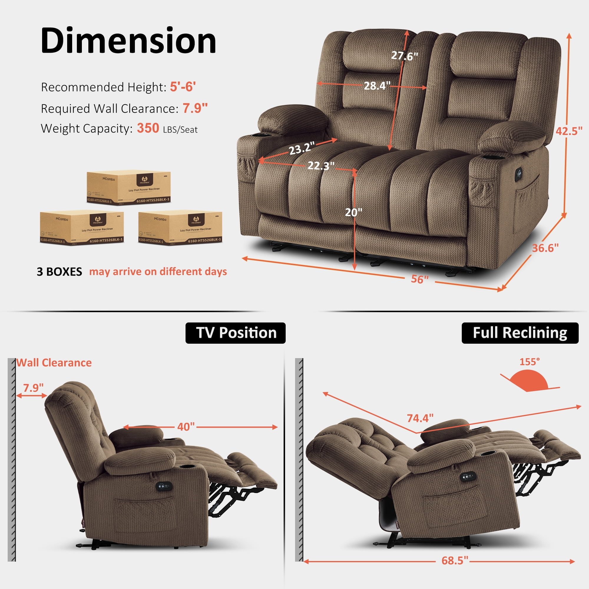 MCombo 55.9" Power Loveseat Recliner Sofa with Heat and Massage for Living Room, Fabric(Dark Brown)